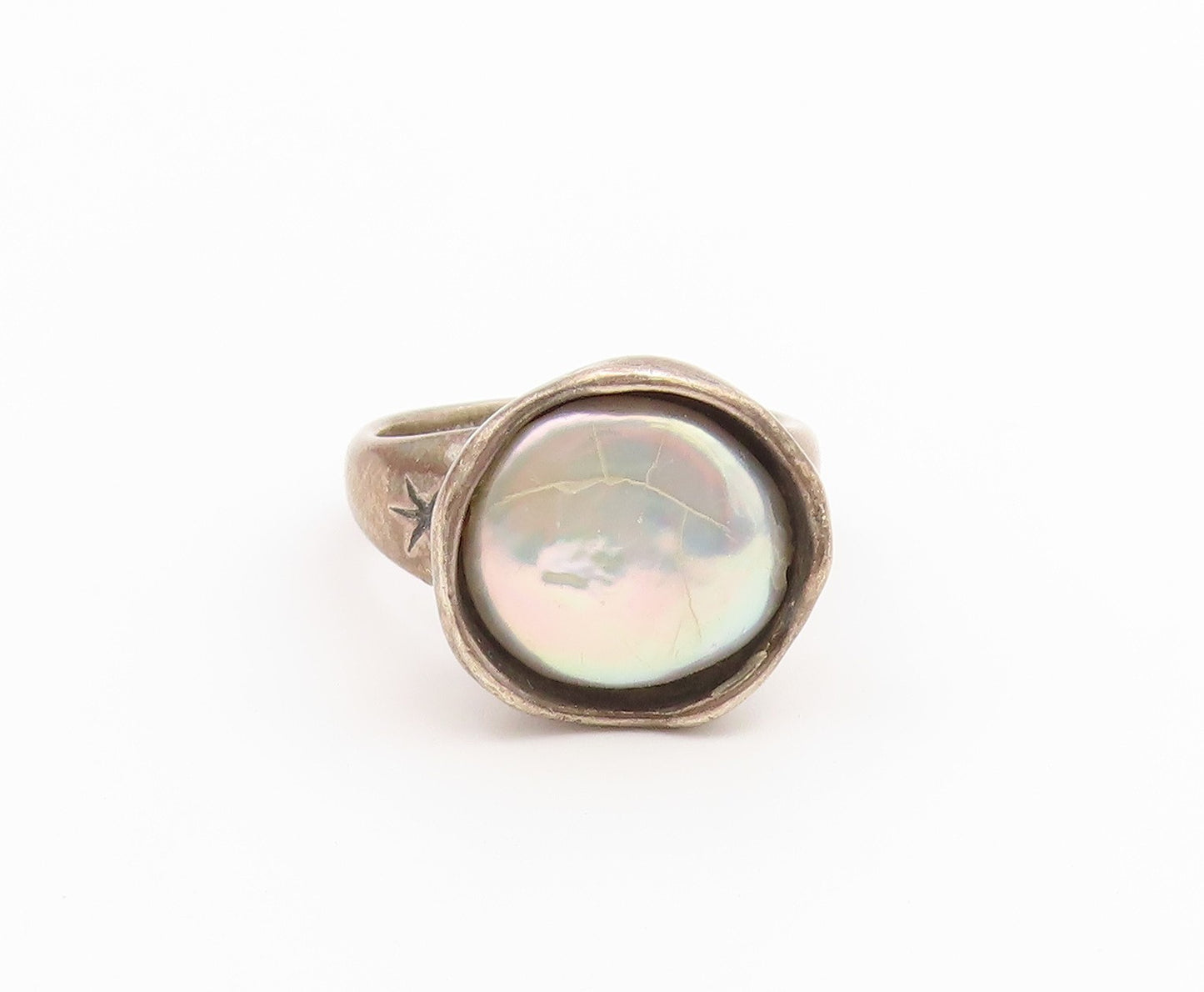 925 Sterling Silver Vintage Ring Modernist Pearl Statement Band  Sz 8  RG36863