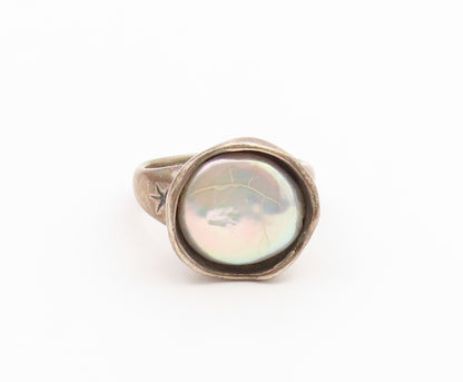 925 Sterling Silver Vintage Ring Modernist Pearl Statement Band  Sz 8  RG36863