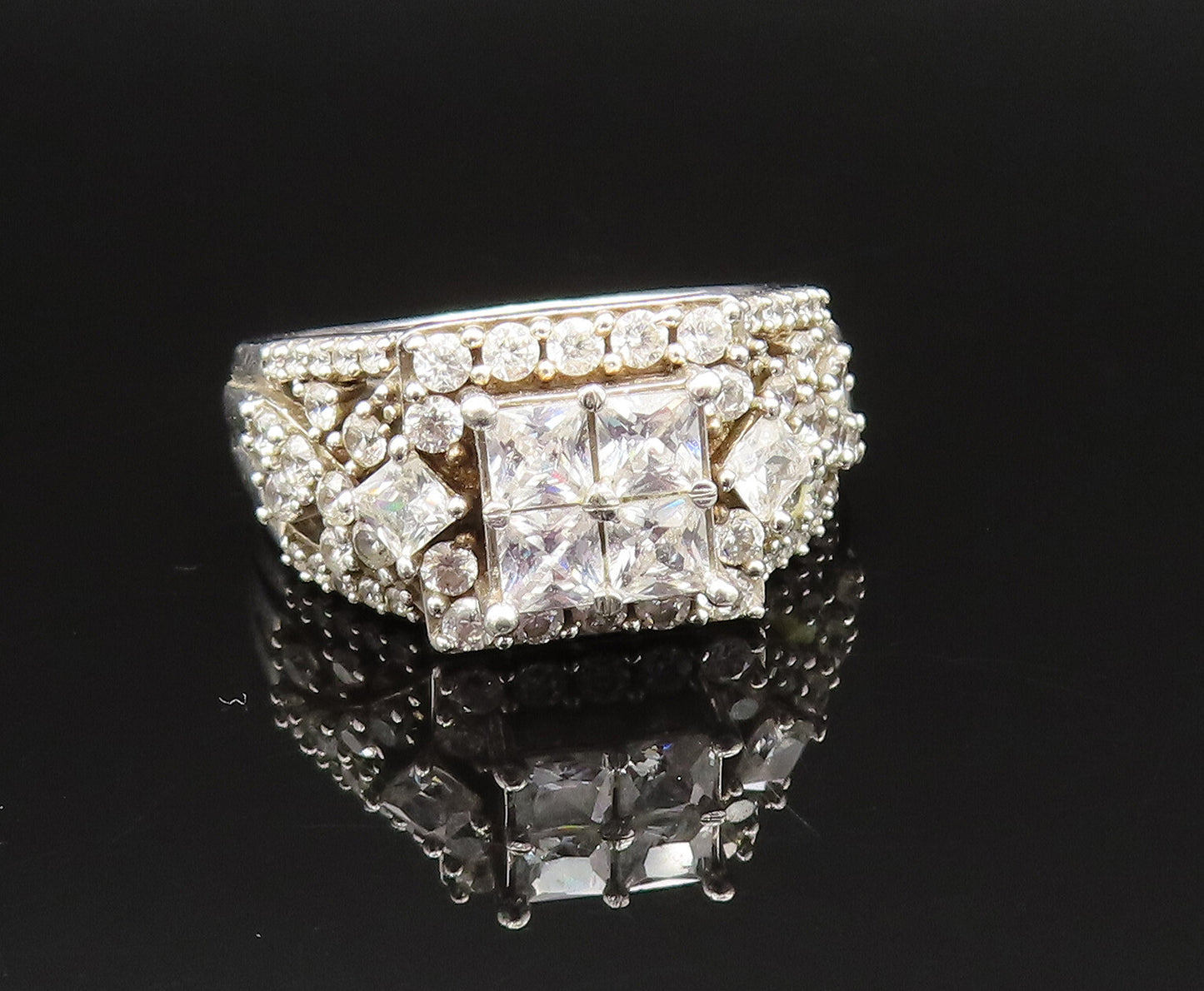 925 Silver  Vintage Multi Square & Round Cubic Zirconia Ring Sz 8.5  RG25665