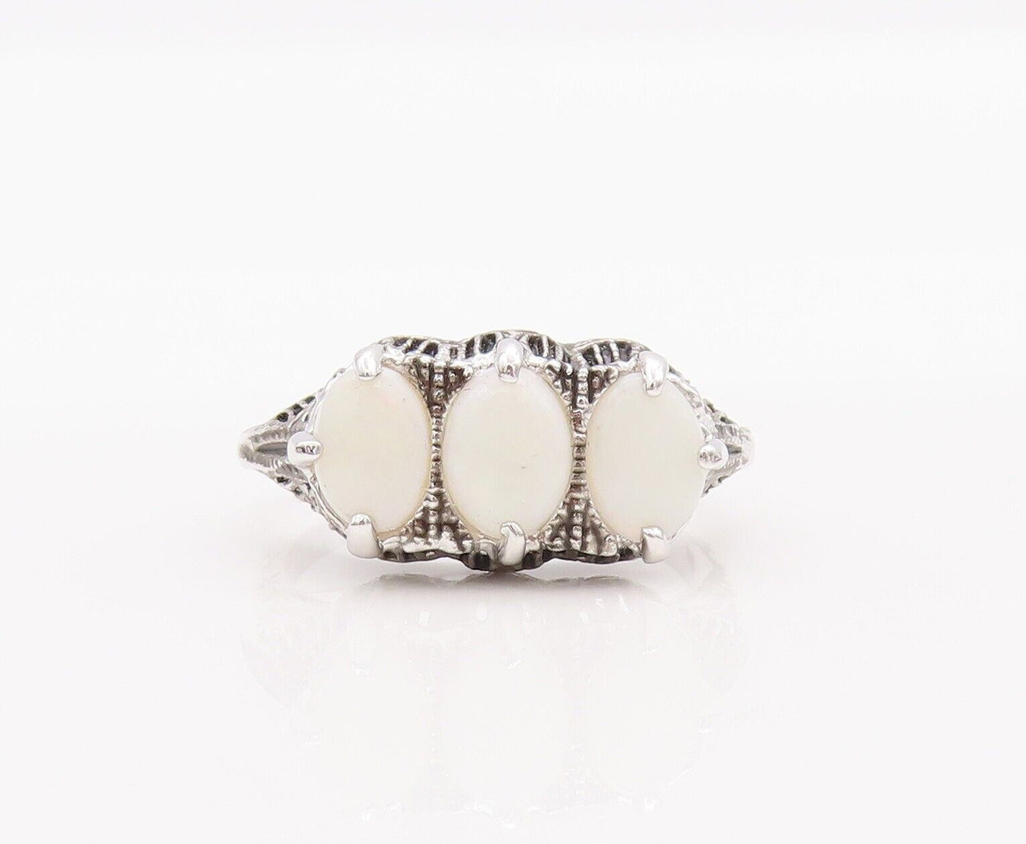 925 Sterling Silver Vintage Ring Victorian Design Carved Oval Opal  Sz 8 RG28244