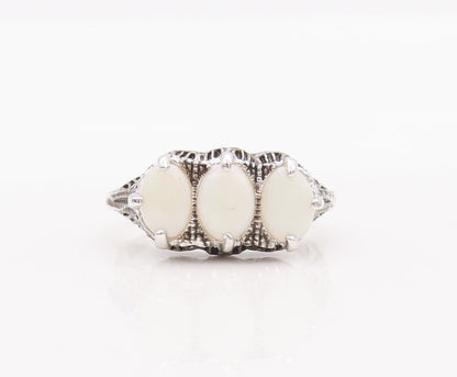 925 Sterling Silver Vintage Ring Victorian Design Carved Oval Opal  Sz 8 RG28244