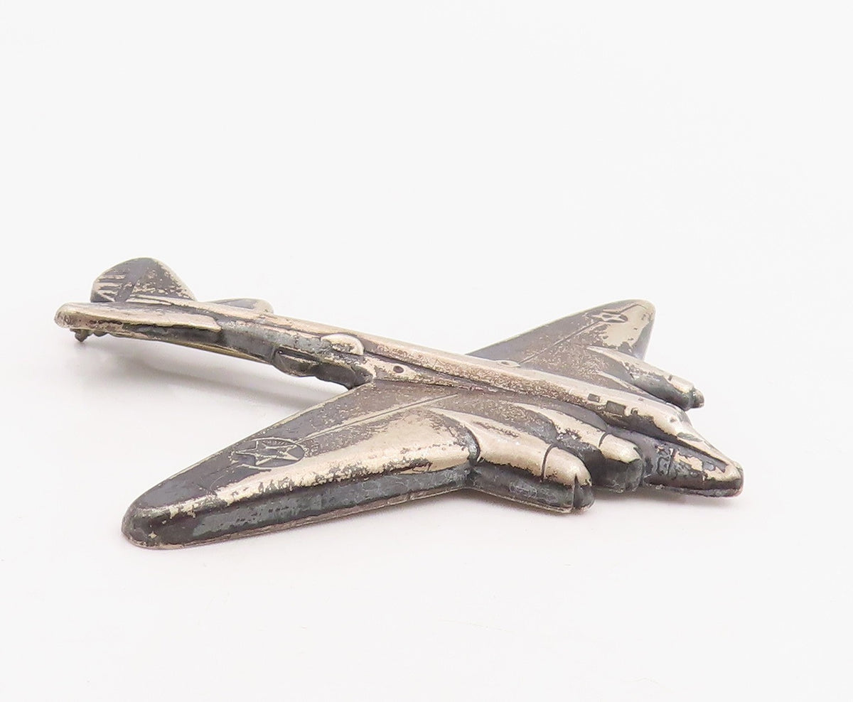 925 Sterling Silver Vintage Brooch Pin Carved Military Bomber Aircraft  BP12329