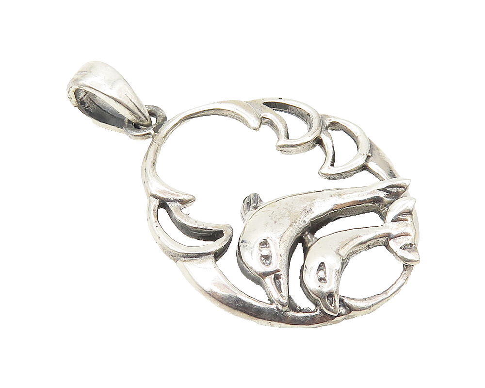 925 Sterling Silver  Vintage Double Leaping Dolphins Shiny Pendant  PT8407