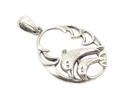 925 Sterling Silver  Vintage Double Leaping Dolphins Shiny Pendant  PT8407