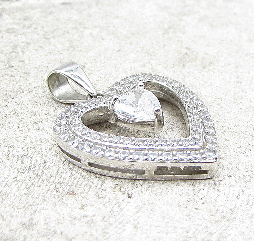 925 Sterling Silver  White Topaz & Cubic Zirconia Love Heart Pendant  PT1114