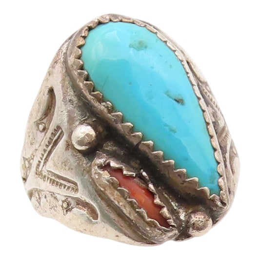 925 Sterling Silver Vintage Ring NAVAJO Turquoise & Coral Band  Sz 8  RG36356