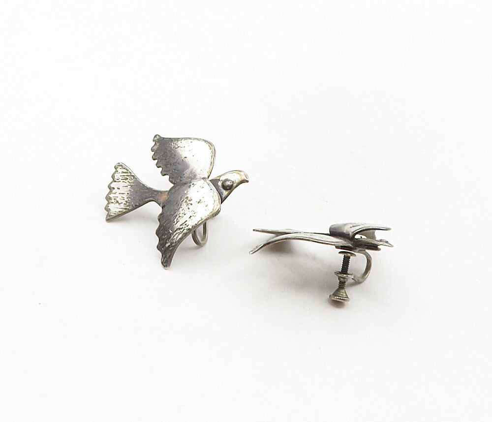 925 Sterling Silver  Vintage Oxidized Bird Motif Non Pierce Earrings  EG4726