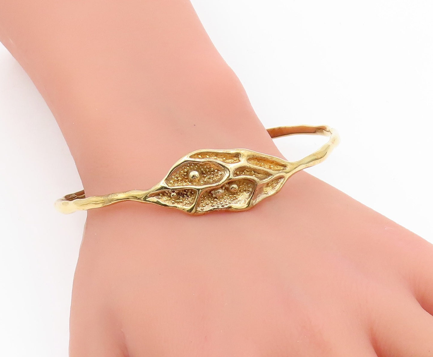 925 Sterling Silver Vintage Bracelet Gold Plated Abstract Leaf Bangle  BT11596