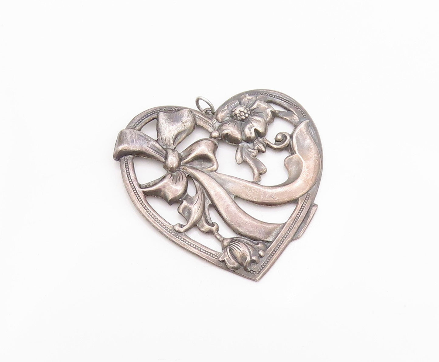 925 Sterling Silver Vintage Pendant Dark Tone Floral Love Heart Cutout  PT24025