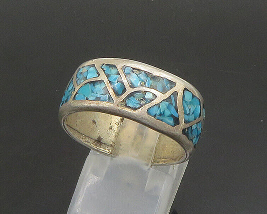 ZUNI NAVAJO 925 Silver - Vintage Inlaid Turquoise Band Ring Sz 9.5 - RG23520