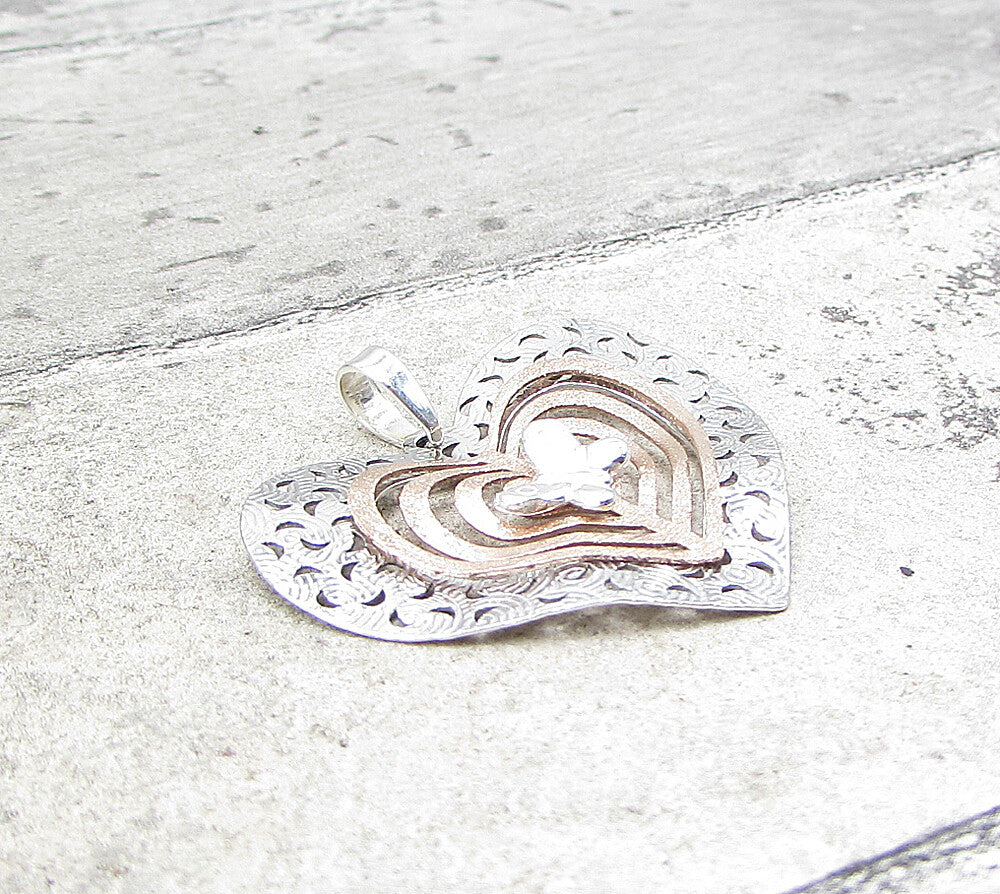 925 Sterling Silver Cut Out 2 Tone Love Heart & Butterfly Drop Pendant PT1398