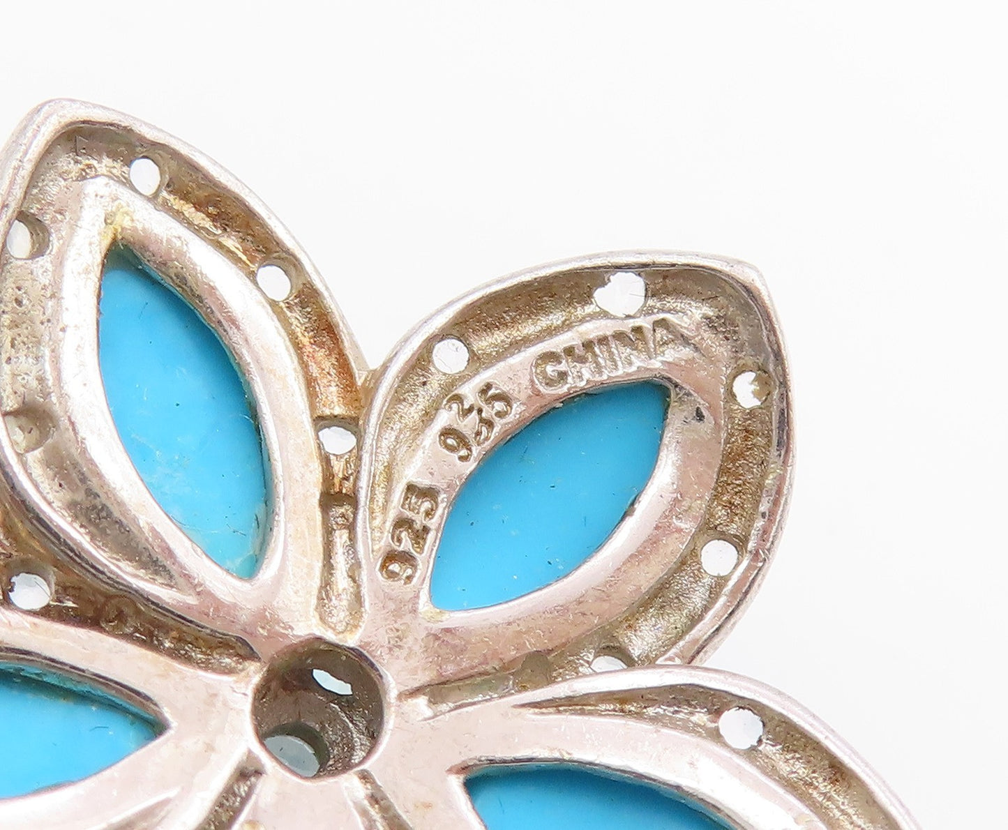 925 Sterling Silver Vintage Pendant Turquoise & Blue Topaz Floral Petal  PT26109