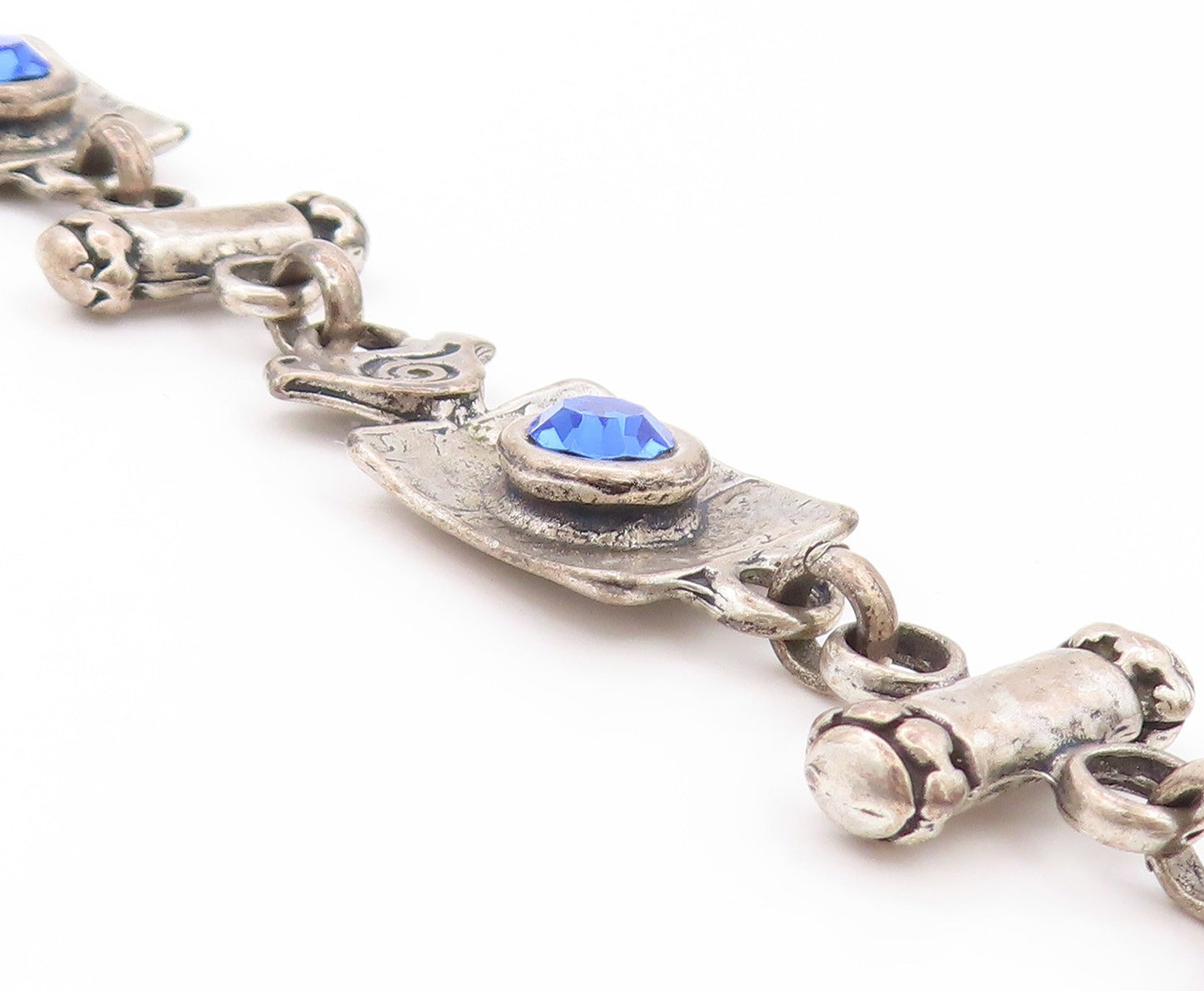 925 Sterling Silver Vintage Bracelet Etched Bird Letter & Blue CZ  BT11261