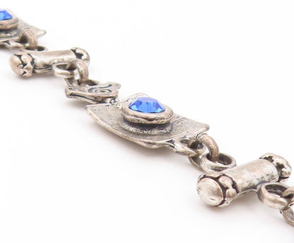 925 Sterling Silver Vintage Bracelet Etched Bird Letter & Blue CZ  BT11261
