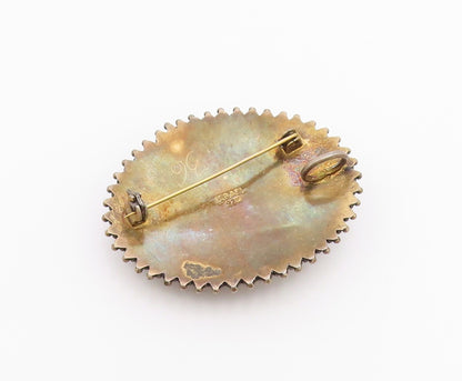 ISRAEL 925 Silver  Vintage Beaded Border Oval Moss Agate Brooch Pin  BP9549