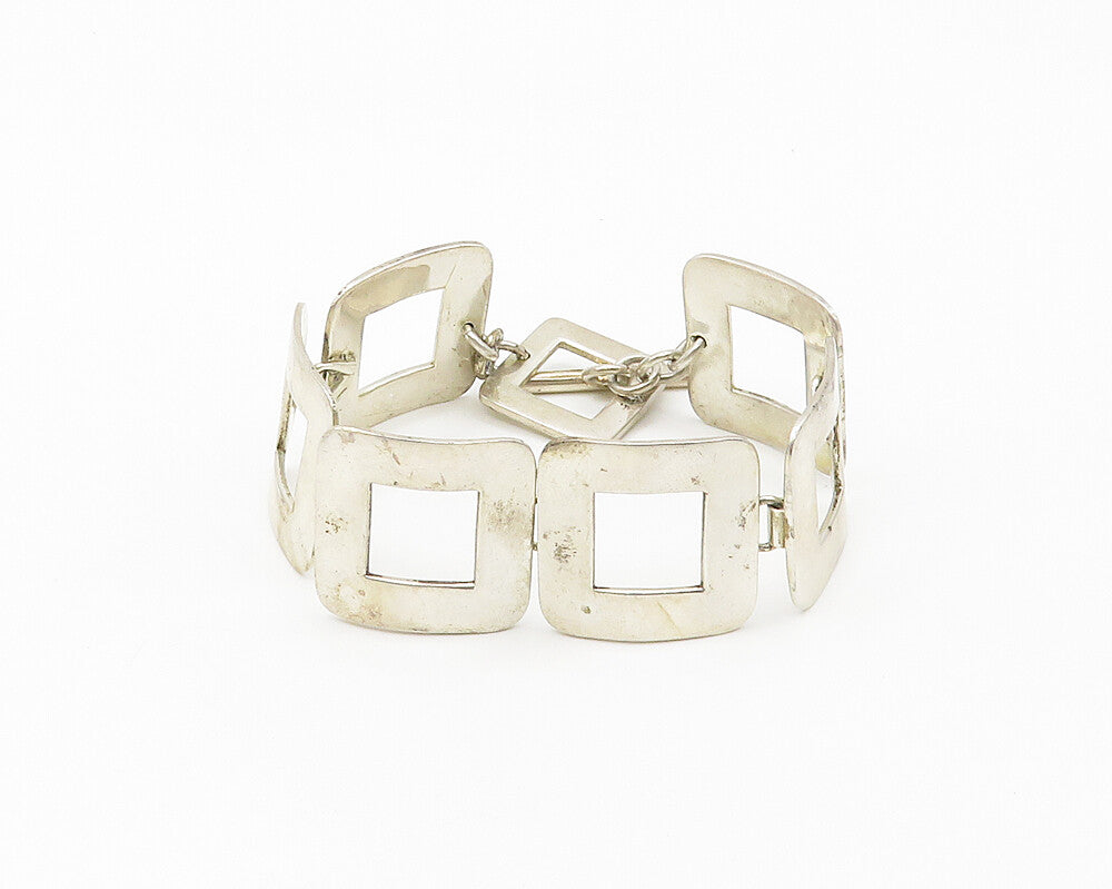 925 Sterling Silver  Vintage Shiny Smooth Open Square Chain Bracelet  BT7158