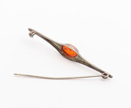 925 Sterling Silver  Vintage Pointed Ends Cabochon Amber Brooch Pin  BP9589