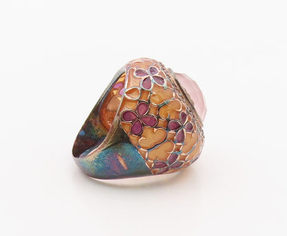 925 Sterling Silver Vintage Ring Floral Enamel Rose Quartz Band  Sz 8.5  RG36384