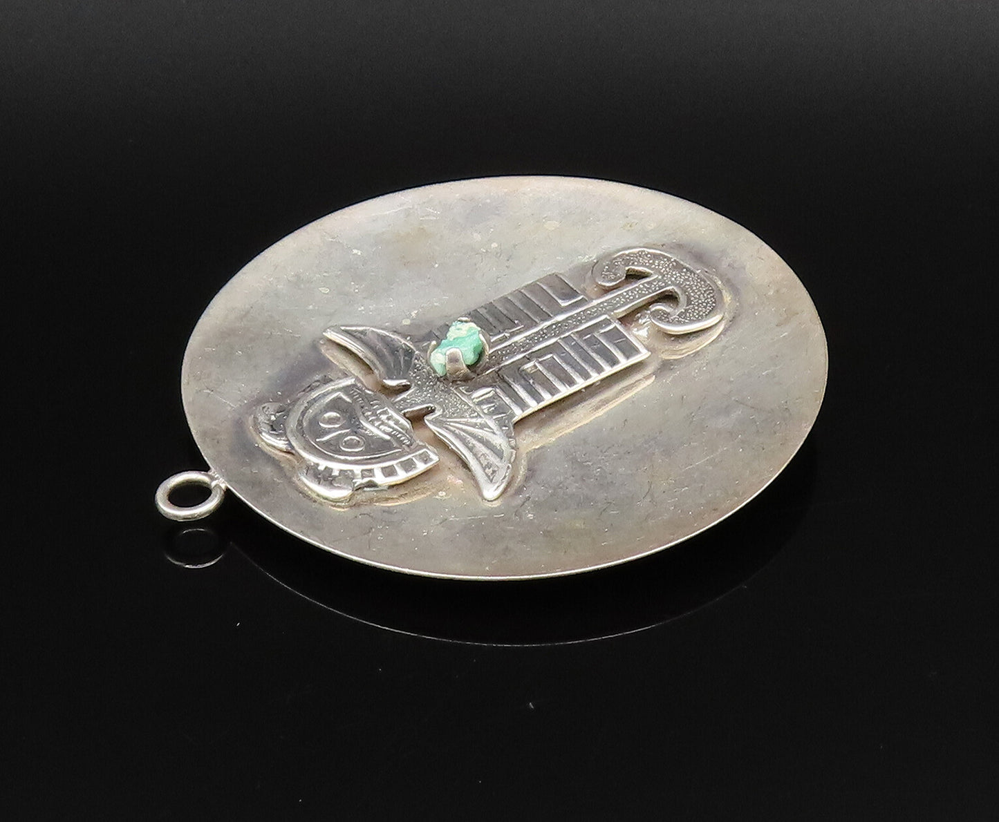 925 Silver  Vintage Carved Figure With Tumbled Jade Disc Pendant  PT21817