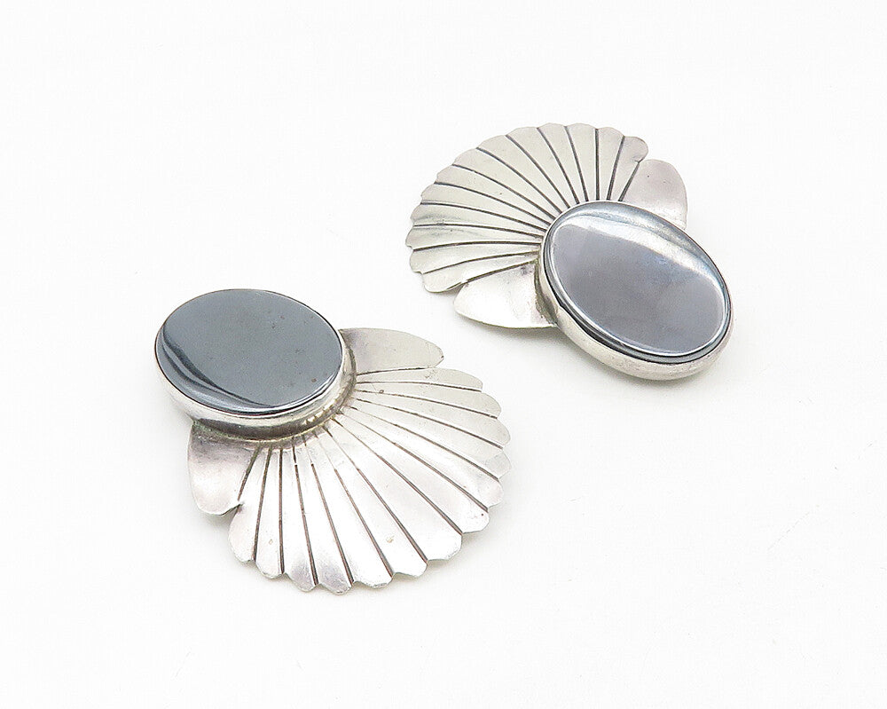 925 Sterling Silver  Vintage Hematite Scalloped Non Pierce Earrings  EG5537