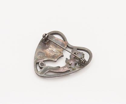 925 Silver  Vintage Antique Flower Lady Cutout Heart Brooch Pin  BP10149