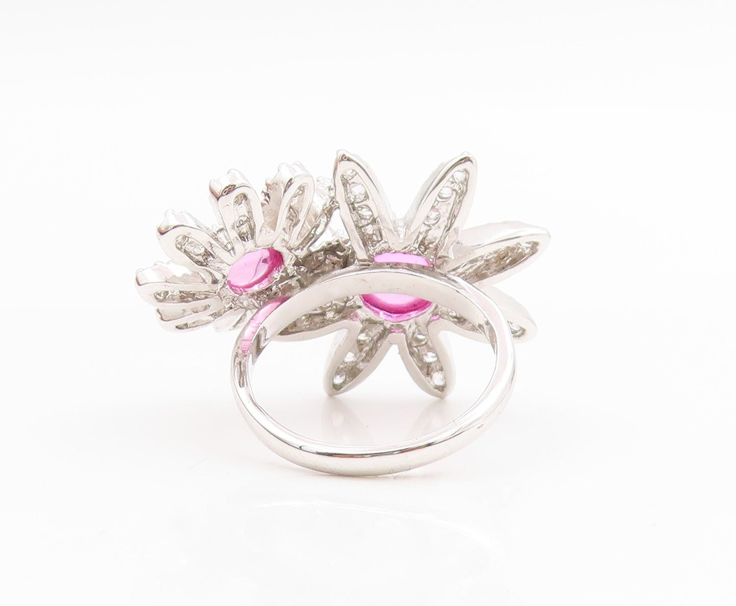 925 Sterling Silver Vintage Ring Pink Gemstone & CZ Floral Petals  Sz 7  RG33924