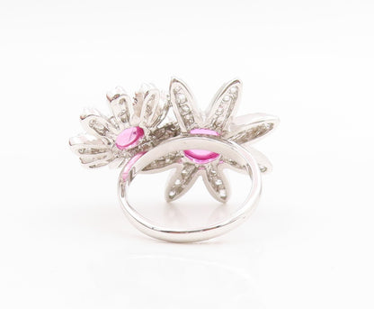 925 Sterling Silver Vintage Ring Pink Gemstone & CZ Floral Petals  Sz 7  RG33924