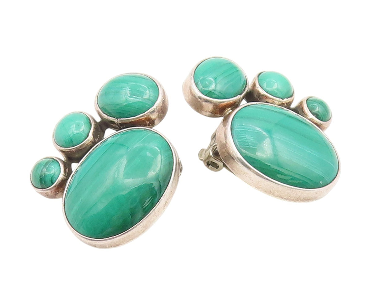 925 Sterling Silver Vintage Earrings Cabochon Malachite Elegant Clip On  EG14103