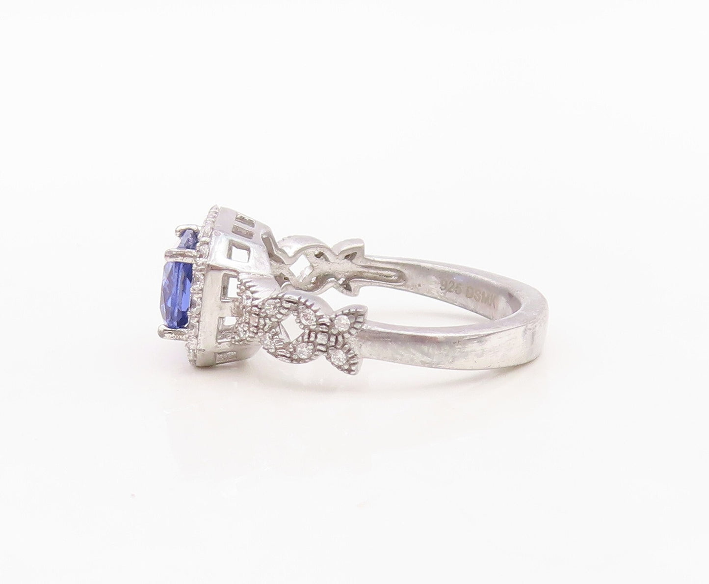 925 Sterling Silver Vintage Ring Rectangle Cut Sapphire Halo CZ  Sz 7  RG30138