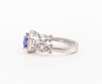 925 Sterling Silver Vintage Ring Rectangle Cut Sapphire Halo CZ  Sz 7  RG30138