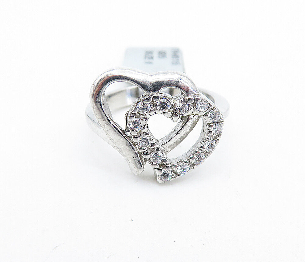 925 Sterling Silver  Topaz Open Double Love Heart Shiny Band Ring Sz 6  RG6382