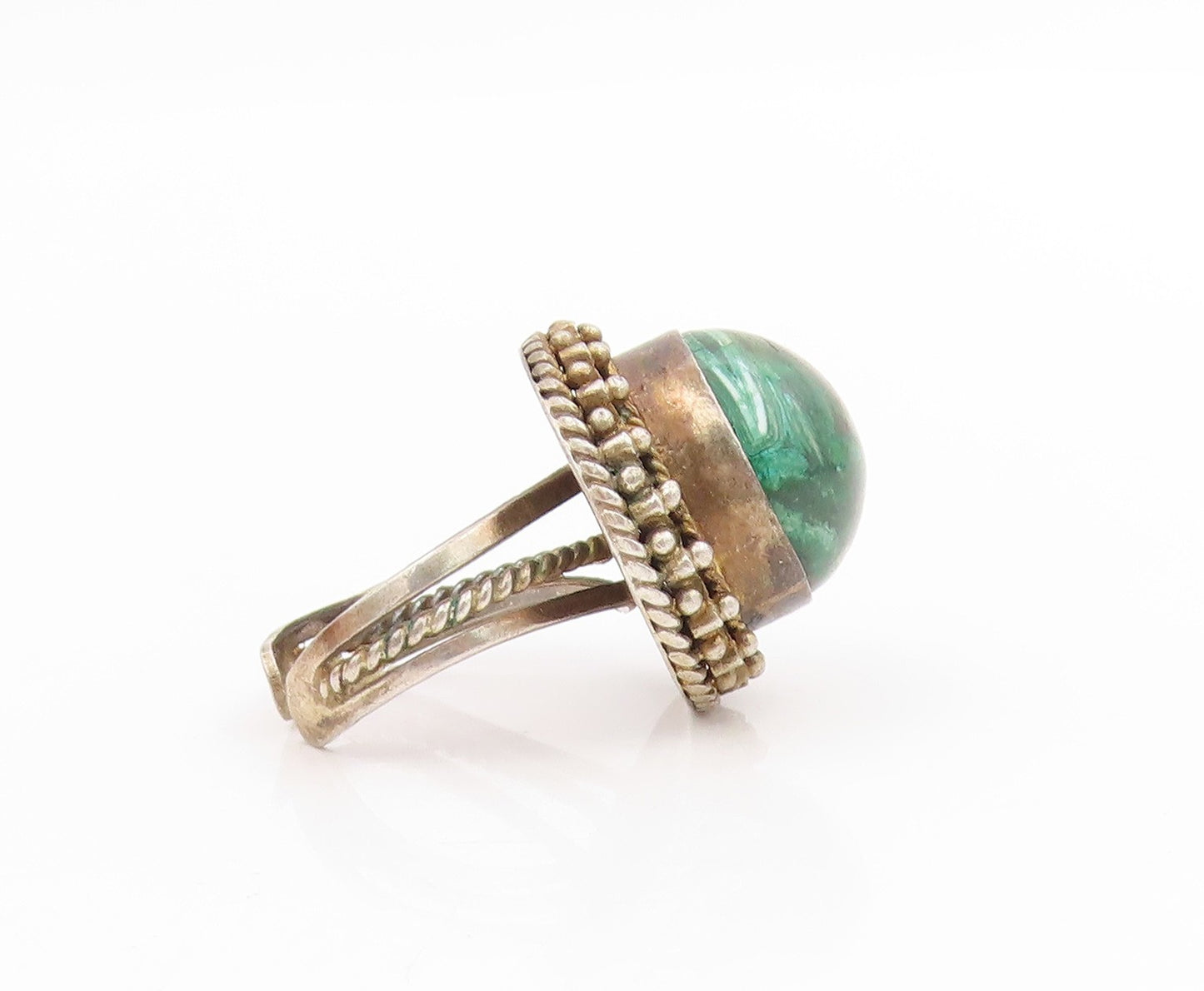 925 Sterling Silver Vintage Ring ISRAEL Cabochon Malachite Band  Sz 9.5  RG34015