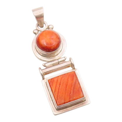 925 Sterling Silver  Vintage Round & Square Orange Agate Drop Pendant  PT21568
