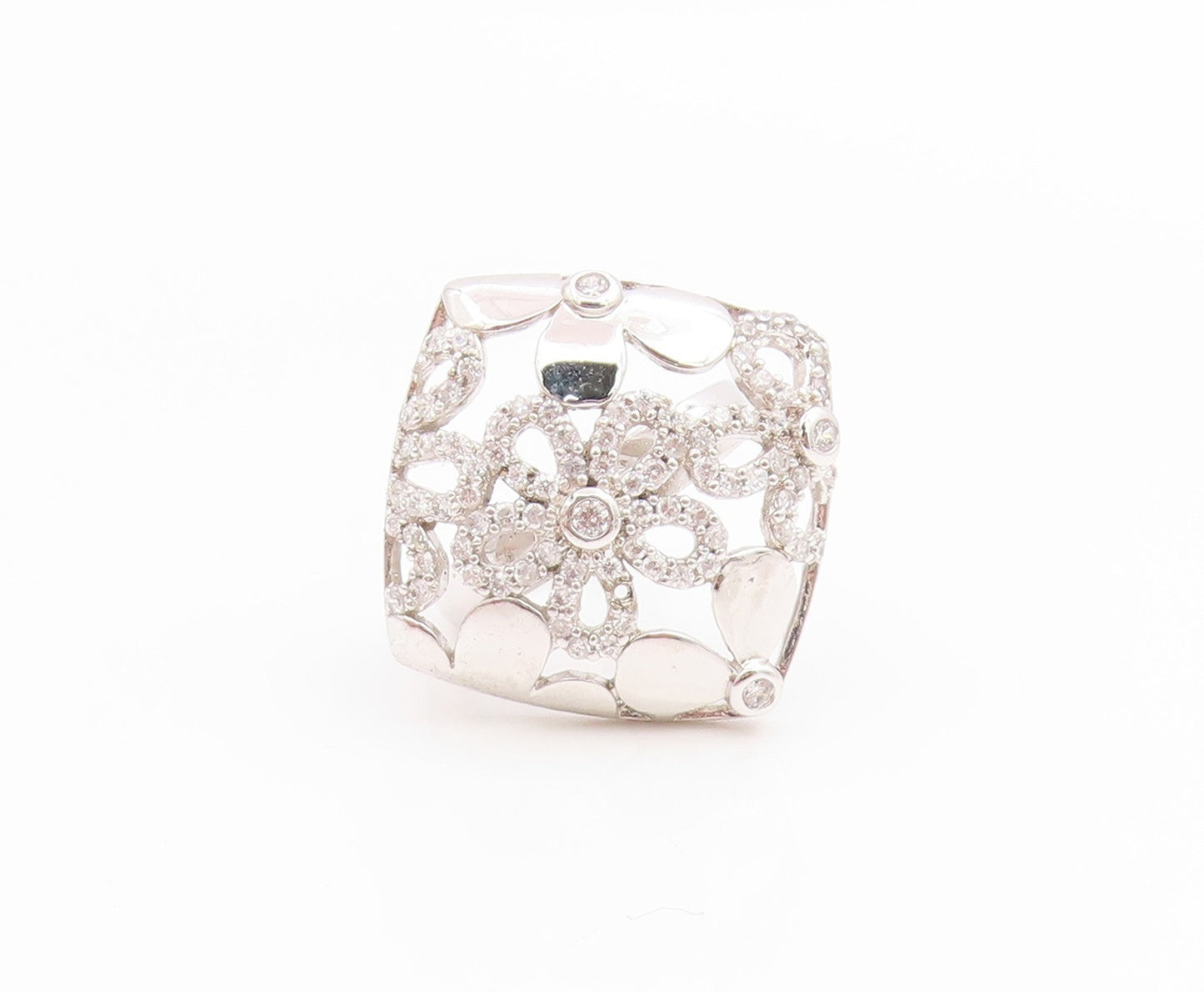 925 Sterling Silver Vintage Ring CZ Openwork Floral Petals Band  Sz 7  RG35763