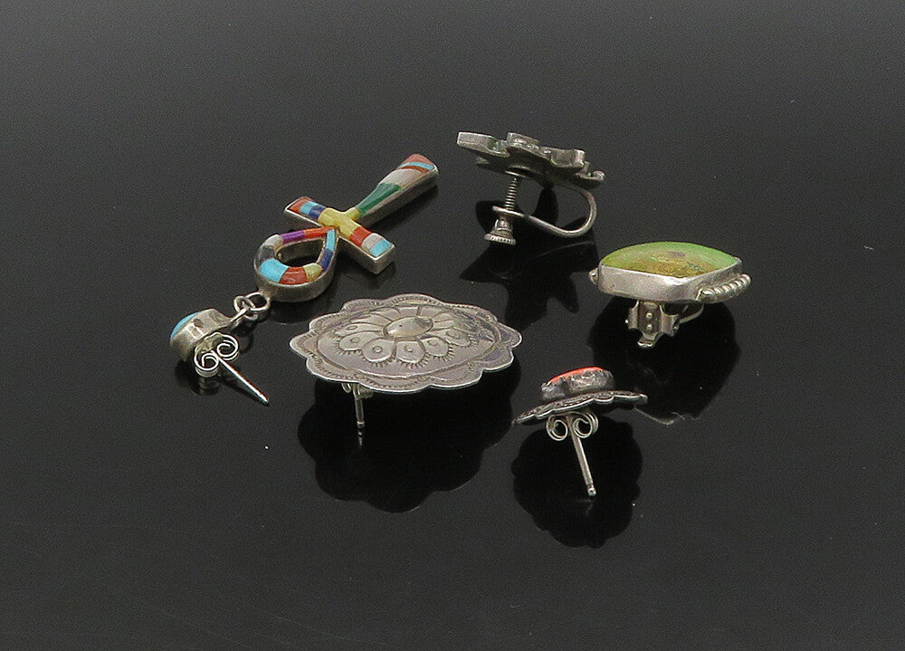 ZUNI NAVAJO 925 Sterling Silver Vintage Multi Stone Lot Single Earrings EG11217
