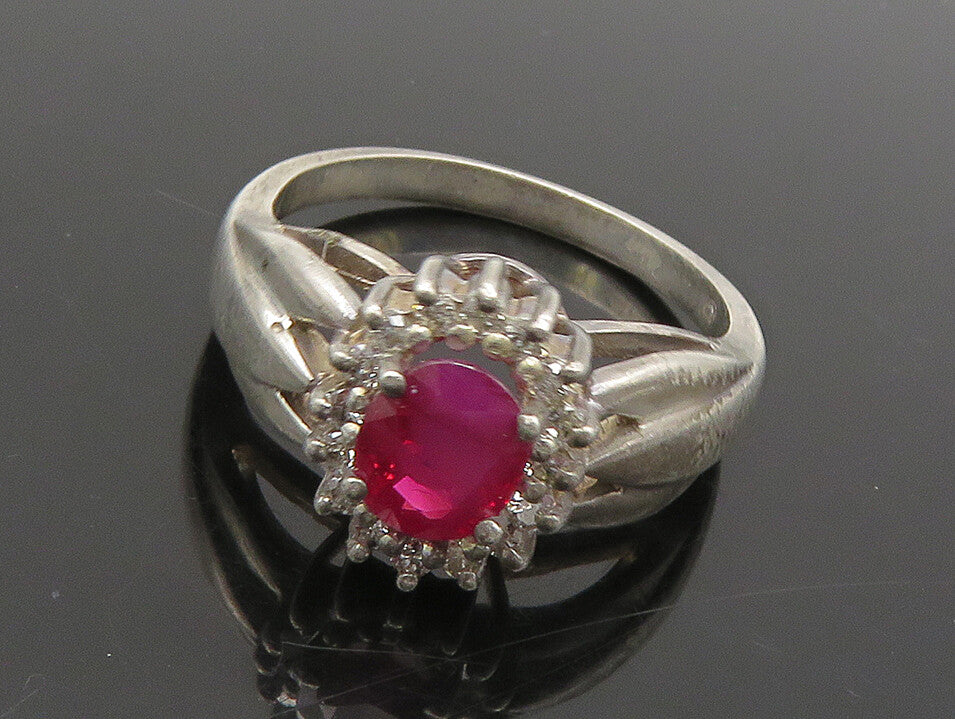 925 Sterling Silver  Vintage Ruby & Topaz Floral Shiny Band Ring Sz 6  RG18539