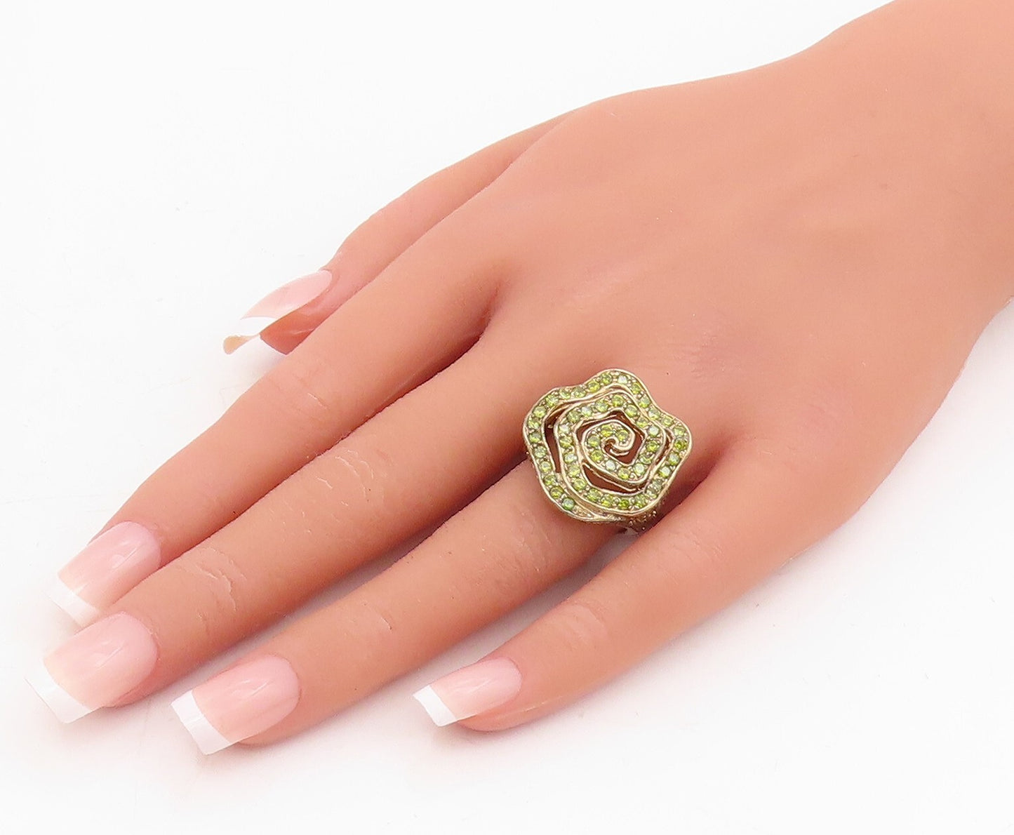 925 Sterling Silver Vintage Ring Gold Plated Spiral Peridot Inlay  Sz 7  RG31715