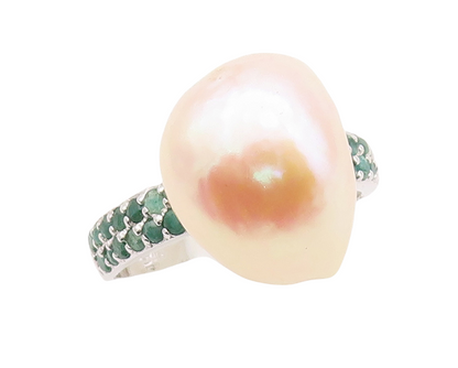 925 Sterling Silver Vintage Ring Amorphas Pearl Emerald Inlay Band Sz 8  RG29915