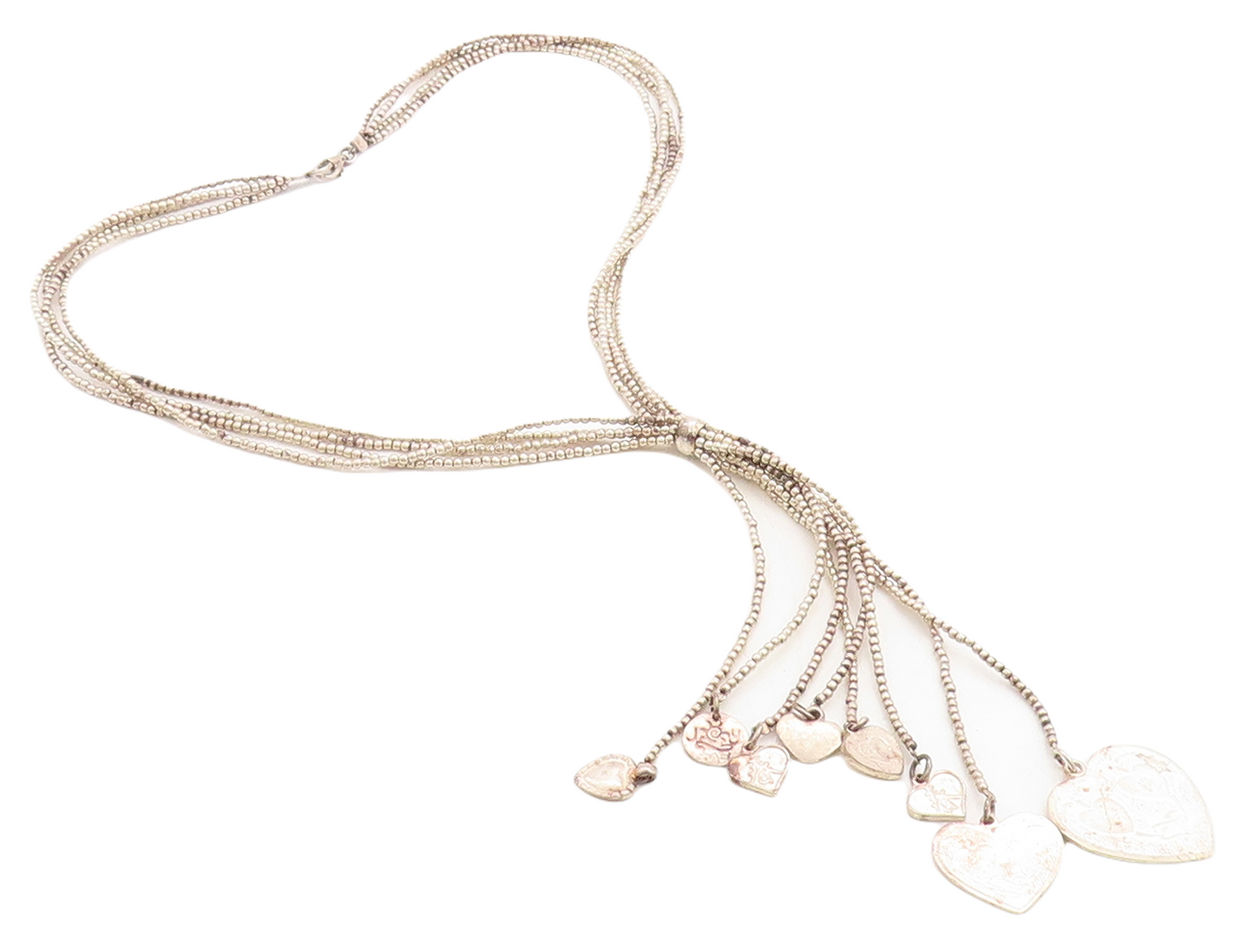 925 Sterling Silver Vintage Multi Strand Hearts Lariat Chain Necklace NE1072