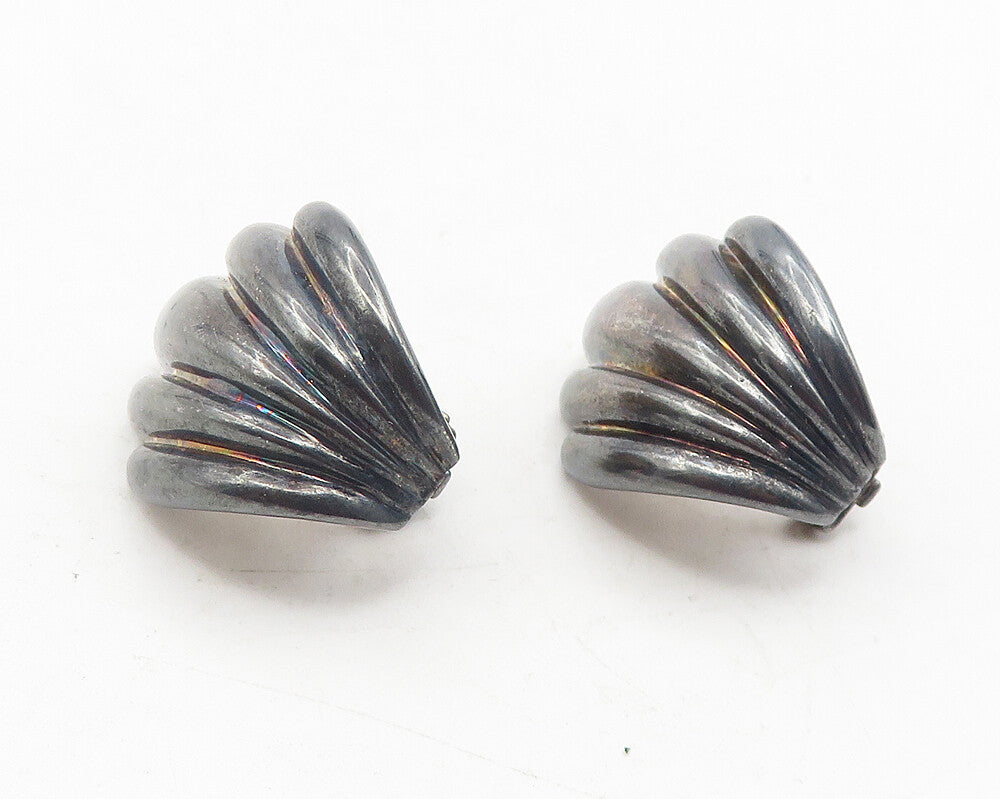 925 Sterling Silver  Vintage Dark Tone Scalloped Non Pierce Earrings  EG6073