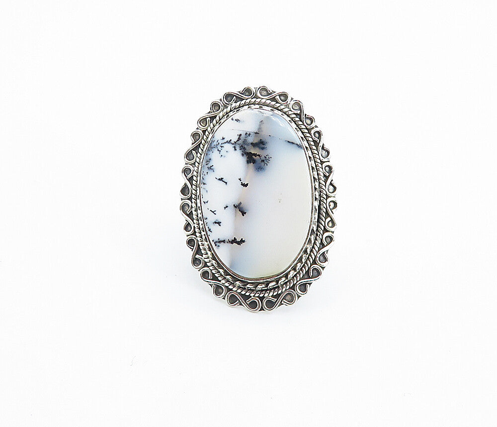 925 Sterling Silver  Agate Shiny Swirl Border Cocktail Ring Sz 10  RG8176