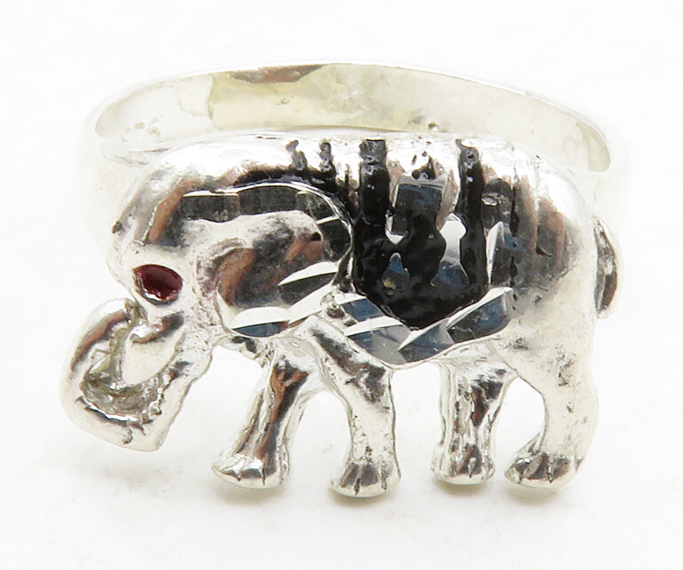 925 Sterling Silver  Vintage Red Topaz Eye Elephant Band Ring Sz 9.5  RG13164