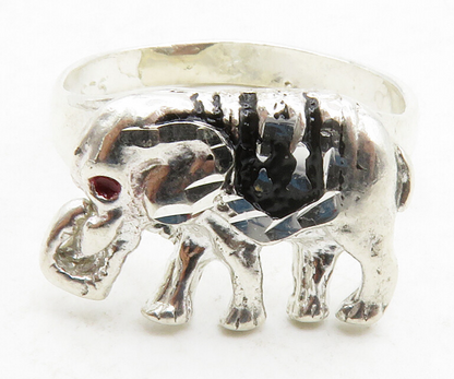 925 Sterling Silver  Vintage Red Topaz Eye Elephant Band Ring Sz 9.5  RG13164