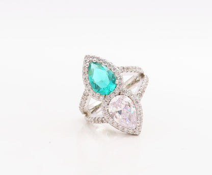 925 Sterling Silver Vintage Ring Designer Drop Sea Green & White CZ Sz 7 RG30735
