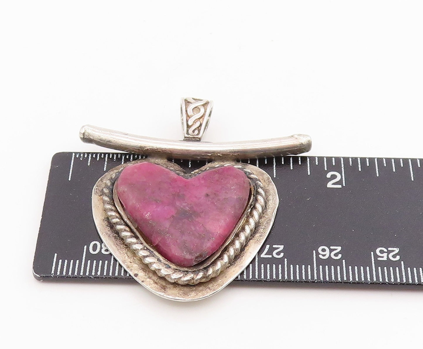 925 Sterling Silver Vintage Pendant Pink Gemstone Designer Love Heart  PT25689