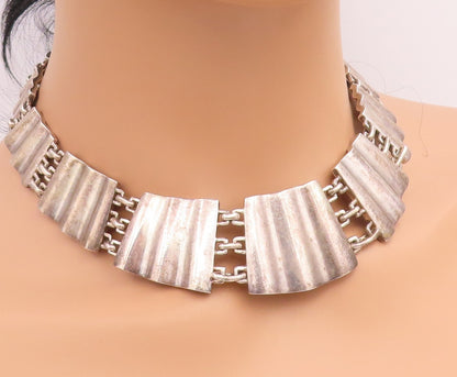 925 Sterling Silver Vintage Necklace Modernist Textured Wave Panel Choker NE4887