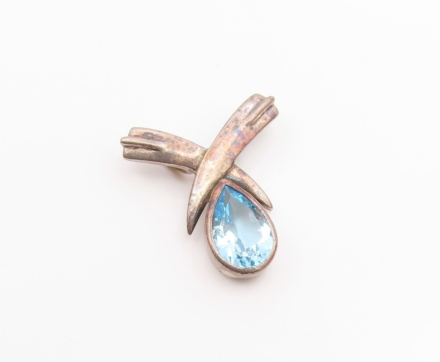 925 Sterling Silver  Vintage Tear Drop Blue Topaz Crossed Pendant  PT18483