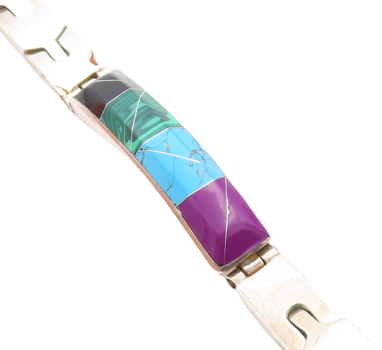 MEXICO 925 Silver  Vintage Malachite Onyx Turquoise & Sugilite Bracelet BT1936