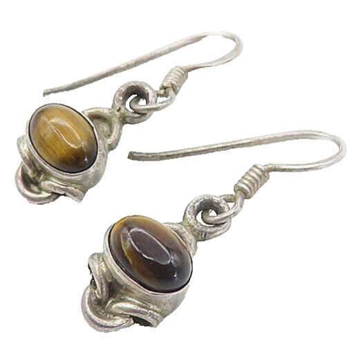 925 Sterling Silver  Vintage Cabochon Cut Tiger's Eye Dangle Earrings  EG3634