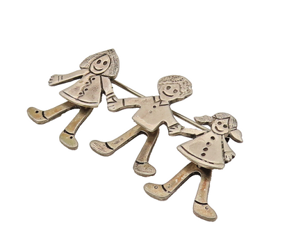 925 Silver  Vintage Kids With Dancing Feet Holding Hands Brooch Pin  BP10249